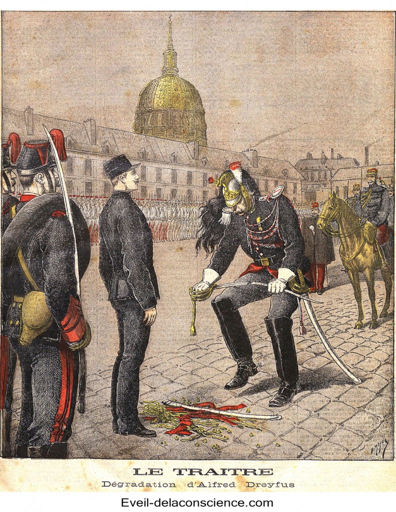 La dégradation d’Alfred Dreyfus, le 5 janvier 1895. Dessin d'Henri Meyer en couverture du Petit Journal du 13 janvier 1895, légendé « Le traître »